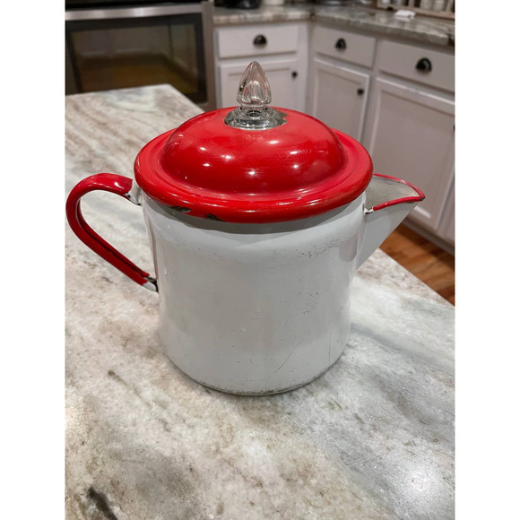 Kitchen Vintage Red And White Enamel Coffee Pot Circa 193s Poshmark